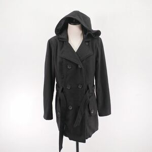 Metaphor Medium‎ Black Double Breasted Belted Hooded Polyester Blend Overcoat